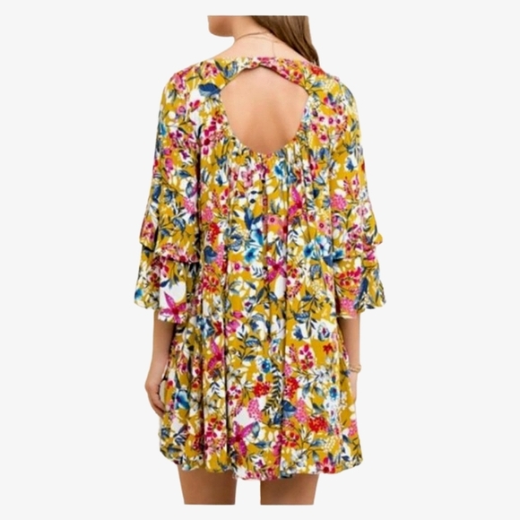 VICI ENTRO Tropical Vibe Cut Out Back Floral Print Tiered Sleeve Tunic Dress L - Picture 2 of 16